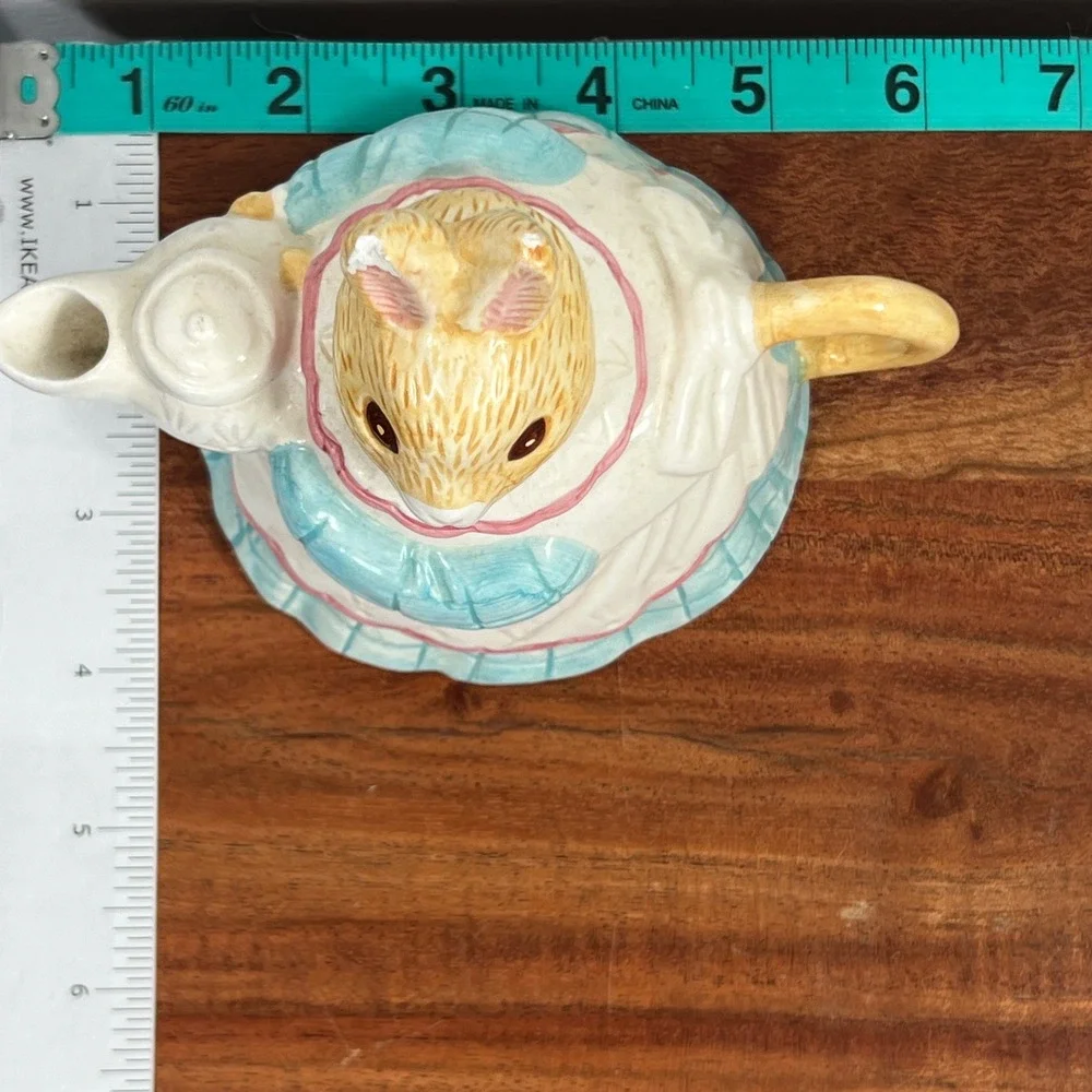 Vintage Ceramic Rabbit Teapot Bunny in Blue Checkered Skirt Hand Painted 6in